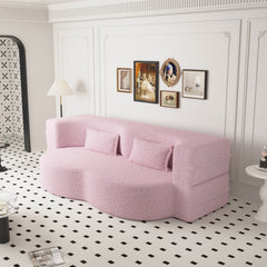 Modern Floor Sofa with 2 Pillows,Convertible Teddy Fabric Foam Filled Sleeper Sofa Bed,15 ' Full Size Folding Mattress for Living Room,Guest Bed,Playroom,No Assembly Required,Pink