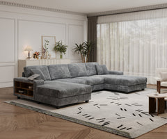 Convertible U-shaped Combination Sofa, Corduroy Fabric, Modern Comfortable Large Size 4 Seat Sofa, Living Room Double Lounge Chair , Dark Grey