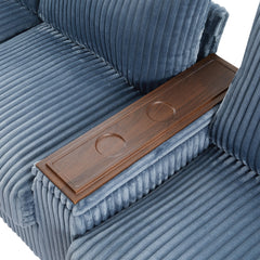 Modern 4-Seater Corduroy Sofa Couch with USB Ports, Hidden Storage, Flip-Top Cup Holders, Blue, 133'