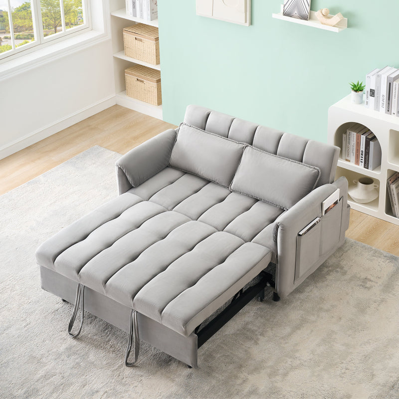 52 'grey modern velvet sofa, sofa pullout bed, small love seat casual sofa with back, pillow, pockets, living room furniture, 3 in 1 convertible sleep sofa bed.