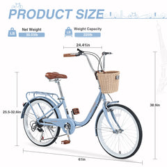 7 Speed City  Bike With  Basket , Steel Frame,Multiple Colors 22 Inch Girls Bicycle