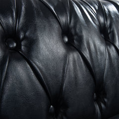 84.65' BLACK PU Rolled Arm Chesterfield Three Seater Sofa.