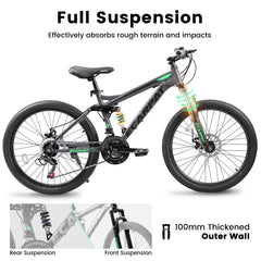 A2460 24 Inch Mountain Bike with Full Suspension, 21 Speed Grip Shifters, High Carbon Steel Frame, Mechanical Disc Brakes, Unisex for Men/Women/ Adults, Ideal for Trails.