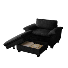 51' Oversize Chaise Lounge Chair with Ottoman and Storage  Upholstered Soft Chenille Black