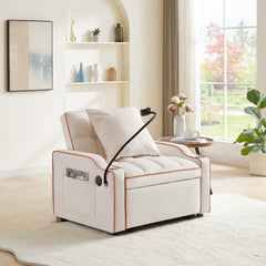 Convertible 3-in-1 Sofa Bed with USB Port and Multi-Pockets in Beige Velvet