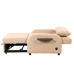 Versatile Pull Out Sofa Sleeper 3 in 1 with Wing Table & USB Charge, Beige Linen, Compact Design