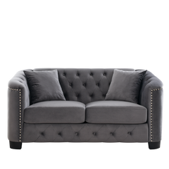 59-Inch Modern Chesterfield Velvet Sofa, 2-Seater Sofa, Upholstered Tufted Backrests with Nailhead Arms and 2 Cushions for Living Room, Bedroom, Apartment, Office (Grey)