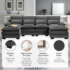 Modern U-shaped Sectional Sofa with Waist Pillows, 6-seat Upholstered Sleeper Sofa with Chaise Lounge in Velvet, 109.8*55.9', Gray