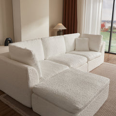 Cloud Style L-Shape Modular Sectional Sofa with Ottoman, 3 Seater Convertible Couch in Warm White, Chenille Fabric, 110' Width