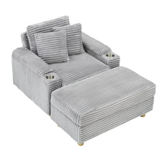 Grey corduroy single sofa with one pillow, two throw pillows, a footstool and two storage Spaces.