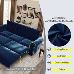 93.7 ' King Pull Out Sofa Bed, Chesterfield Sofa, 3-in-1 Velvet Convertible Sleeper Sofa with Nailhead Trim & Rolled Arm, Multi-Functional Sofa Bed for Living Room, Bedroom, Apartment, Office, Blue