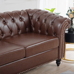 Dark Brown PU Rolled Arm Chesterfield Three Seater Sofa with Solid Wood Frame and Birch Legs
