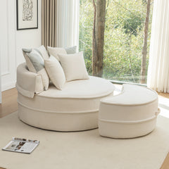 Modern Oversized Beige Round Barrel Accent Chair with Ottoman - Velvet Upholstered Lounge Armchair with 5 Pillows for Living Room or Bedroom