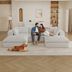 118.2' Cloud Sofa,Corduroy Fabric,Deep Seat Couches,Double-layer design,Removable Cushion,No Assembly, DIY Combination for Living room, Bedroom,Conference room ,Apartment,White