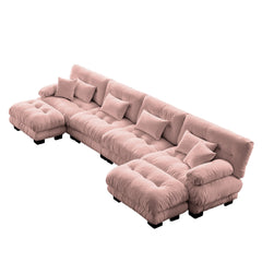 Free Combination Modular Sectional Sofa,U Shaped Couch for Living Room, 4-Seater Comfy Cloud Couch with 2 Ottomans, Chenille Pink