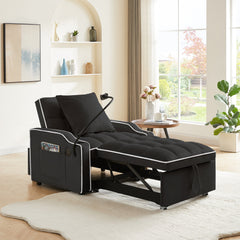 Convertible 3-in-1 Sofa Bed with Multi-Pockets and Adjustable Sleeper in Black Velvet