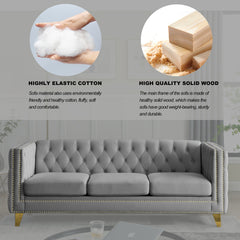 {Contact us for 3D modeling}  Velvet Sofa for Living Room,Buttons Tufted Square Arm Couch, Modern Couch Upholstered Button and Metal Legs, Sofa Couch for Bedroom, Grey Velvet .2PCS
