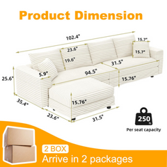 102.4 'Plush Corduroy 4-Seat Sofa,Modern Comfy Upholstered Sofa Cloud Couch,Deep Seat Couches with Soft Pillows and Movable Ottoman,Convertible Sofa Lounge Chair,for Living Room,Apartment,Office,Beige