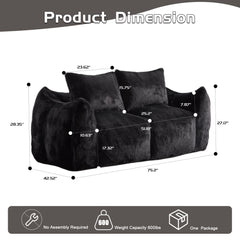 Giant Bean Bag Couch for Adults, Ultra Soft Fluffy Loveseat Bean Bag Sofa, Oversized Chase Lounge Chair Indoor for Living Room Bedroom, No Assembly Required Cozy Reading Chair with Pillows, Black