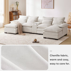 Modern U-shaped Sofa with Console, Cupholders & USB Ports, 6-seat Upholstered Furniture, Chenille, 123*55 inches, White