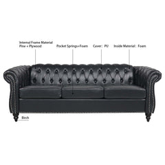 84.65' BLACK PU Rolled Arm Chesterfield Three Seater Sofa.