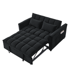Sleeper Sofa, Convertible Sofa, Recliner, Bed, 3-in-1, 3-Position Adjustable Backrest, 2-Seater Sectional, Two Side Pockets, 2 Pillows for Living Room, Apartment, etc., Velvet Black 54' Wide.