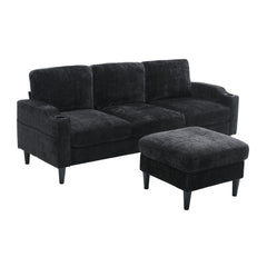 UNITED  WE WIN Sofa for three, solid wood frame, Chenille fabric, side pocket, with two cup holders, footstool with storagestorage sofa /Living room sofa cozy sectional  sofa