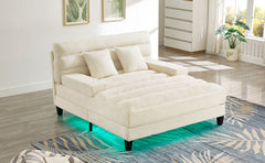 Modern Chaise Lounge Sofa 57.1' Sofa Bed Chenille Upholstered Lounge Sofa Chair with Adjustable Backrest and LED Light Strip, Beige