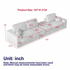 114.5'Modern Corduroy Modular foam Sofa, Recliner Seat reversible Sofa, 2-in-1 Sofa with Recliner and L-Shaped Sofa Combination with Three Cushion Neck Pillow Combination and Two Throw Pillows