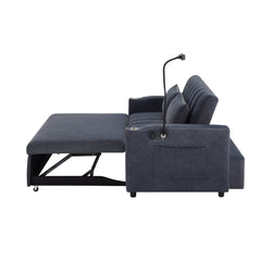 Convertible Sofa Bed Loveseat with USB Ports, Side Pockets, Cup Holders, and Phone Holder in Blue Grey Bella Fabric, 55.9'
