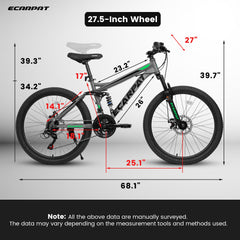 A2760  27.5 Inch Full Suspension Mountain Bike, Front and Rear Dual Shock Absorbers, Mechanical Disc Brakes, 21-Speed, Suitable for Men and Women, Ideal for Travel and Fitness Enthusiasts