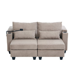 Convertible Chaise Lounge 63' Loveseat Sofa Bed with USB Ports, Cup Holders, Phone Holder, Storage, Brown Corduroy