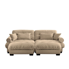 Modern Camel Velvet Two-Seater Sofa with Ottoman and Round Bolster Armrests