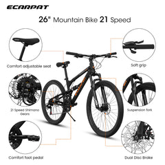 A26207 26 Inch Steel Frame Shock Fork Plus Shock Absorber 21-speed Unisex Mountain Bike