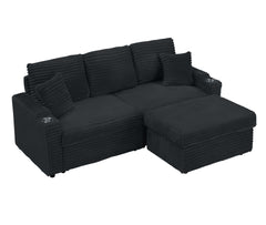 80' Corduroy Multi-Function Sofa with Hidden Reclining, Space Saving Design, Armrests, Cup Holders and Removable Footstool, Black
