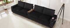 Modern 4-Seater Corduroy Sofa Couch with USB Ports and Hidden Storage in Black