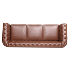 Classic Chesterfield Three Seater Sofa Brown PU Leather with Rolled Arms and Birch Legs 84.65 Inches