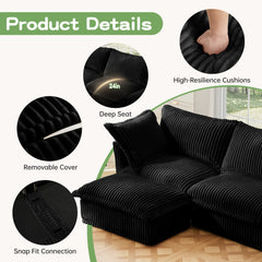 Slip-covered Armchair with 1 Big Back Cushion and 2 Big Toss Pillows, Single Deep Seat Comfy Single Couch Sofa Multiple Large Soft Pillows, Black Corduroy Fabric