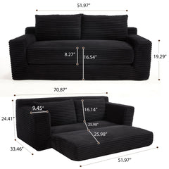 Loveseat Sofa Bed with Memory Foam & Steel Frame - Convertible 2-in-1 Design, Black Corduroy, No Assembly