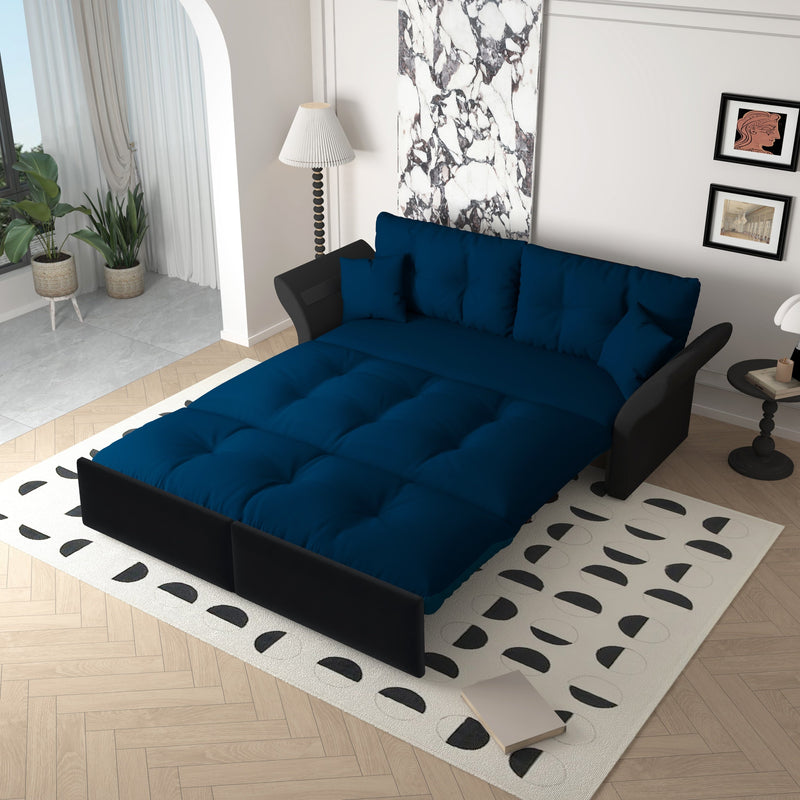 74.8' Queen Pull Out Sofa Bed, 3-in-1 Convertible Sleeper Tufted Sofa with 2 Soft Pillows,Multi-Functional Velvet Loveseat Bed,Blue(Old Sku:W1885S00083/W1885S00130)