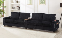 Modern 4-Seater Corduroy Sofa Couch with USB Ports and Hidden Storage in Black