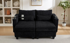 Convertible Chaise Lounge 63' Loveseat Sofa Bed with USB Ports, Cup Holders, Phone Holder & Storage, Black Corduroy