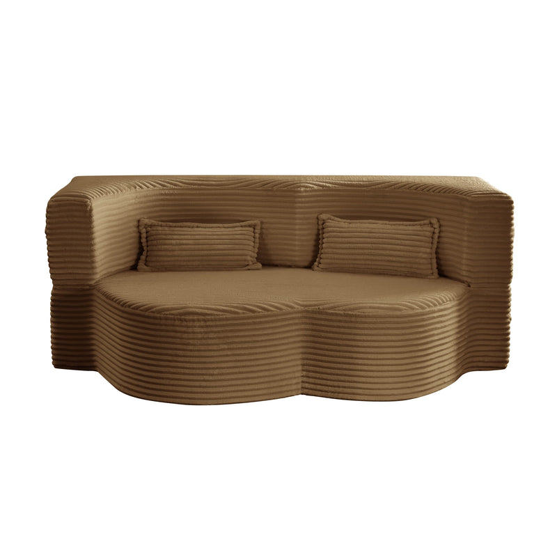 Modern Floor Sofa with 2 Pillows, Convertible Plush Corduroy Foam-Filled Sleeper Sofa Bed,15 ' Full Size Folding Mattress for Living Room, Guest Bed, no assembly required, Camel
