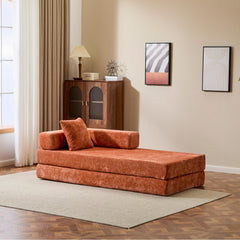 Floor Couch,Compression Sofa,Convertible Floor Sofa Bed-with Pillow Back Support Armrest,Comfy Futon Couch Lounge Sleeper Bed,chenille fabric,for Living Room Bedroom (orange)