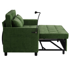 Convertible Loveseat Sofa Bed with Adjustable Backrest, USB Ports, Phone Holder, Side Pockets, Green Chenille, 56.9'