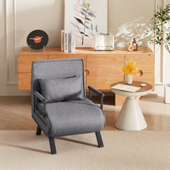 Convertible Folding Chair Bed with Adjustable Backrest and Pillow, Light Grey Linen for Small Spaces