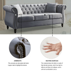 [Video] 80' Chesterfield Sofa Grey Velvet for Living Room, 3 Seater Sofa Tufted Couch with Rolled Arms and Nailhead for Living Room, Bedroom, Office, Apartment, two pillowsW834S00009