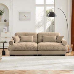 Modern Velvet Two-Seater Sofa with Bolstered Armrests and Pillows, Camel