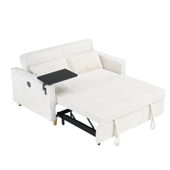 The pull-out and push-in beige corduroy sofa with dual functions, equipped with a movable tabletop and USB ports, is suitable for use in living rooms and bedrooms.