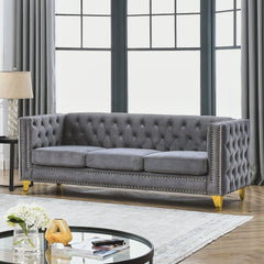 {Contact us for 3D modeling}  Velvet Sofa for Living Room,Buttons Tufted Square Arm Couch, Modern Couch Upholstered Button and Metal Legs, Sofa Couch for Bedroom, Grey Velvet .2PCS